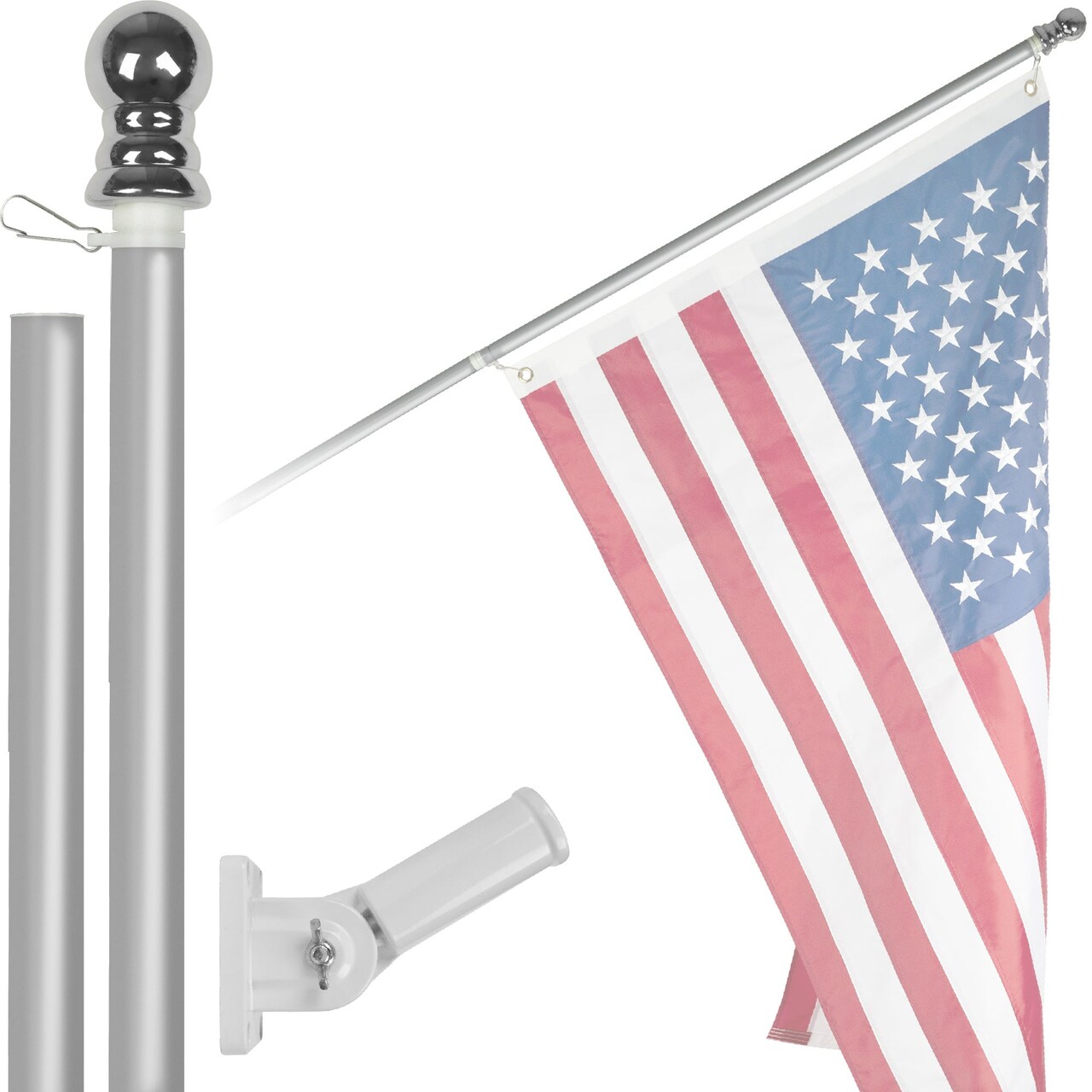 G128 5Ft Tangle-Free Aluminum Spinning Silver Flagpole - Aluminum Wall Mount Flag Pole for Commercial/Residential Use (Flag NOT Included)